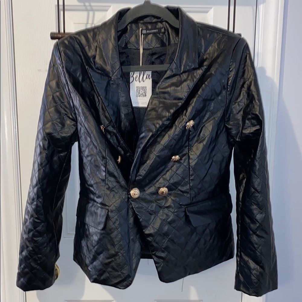 Bella Barnett NWT faux leather, black quilted moto jacket with gold buttons